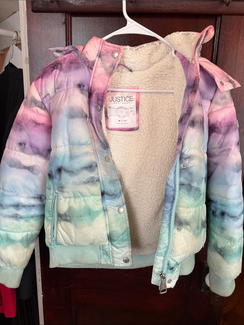 Justice Pastel Tie-Dye Puffer Jacket — Pink, Lavender, Mint